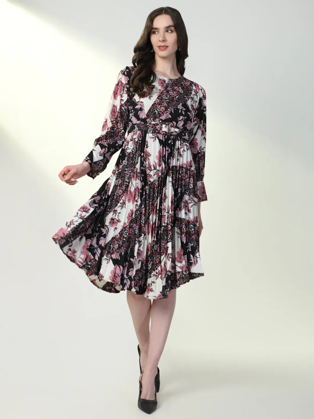 Women Floral Printed Black Flared Dress with Belt